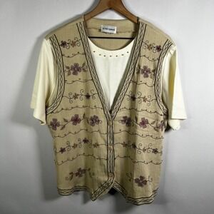 Vintage 90s Alfred Dunner Women 16 Built-In Vest Shirt Tan Cream Beaded Grandma